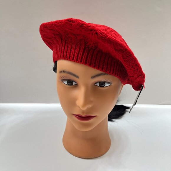 Hat - Wool Knitted Thick Beret / Beanie -Women's- Bright Red- NWT - Picture 2 of 5